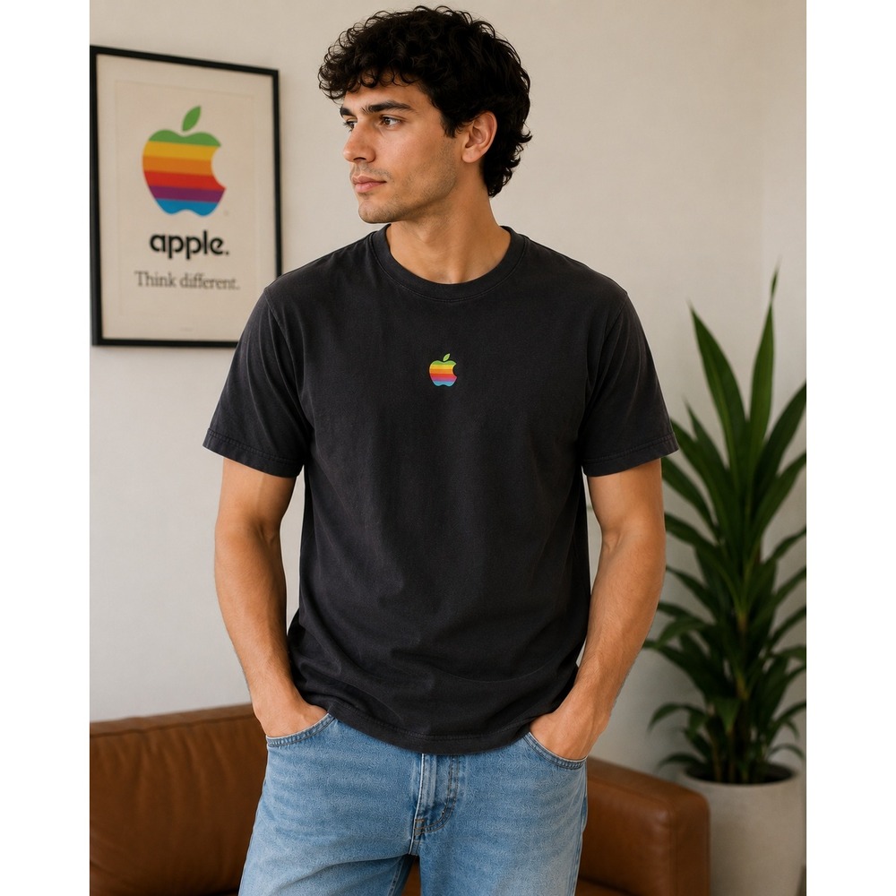 Apple Computer Rainbow Logo Black T-Shirt Mens XL Short Sleeve Cotton Tech Tee